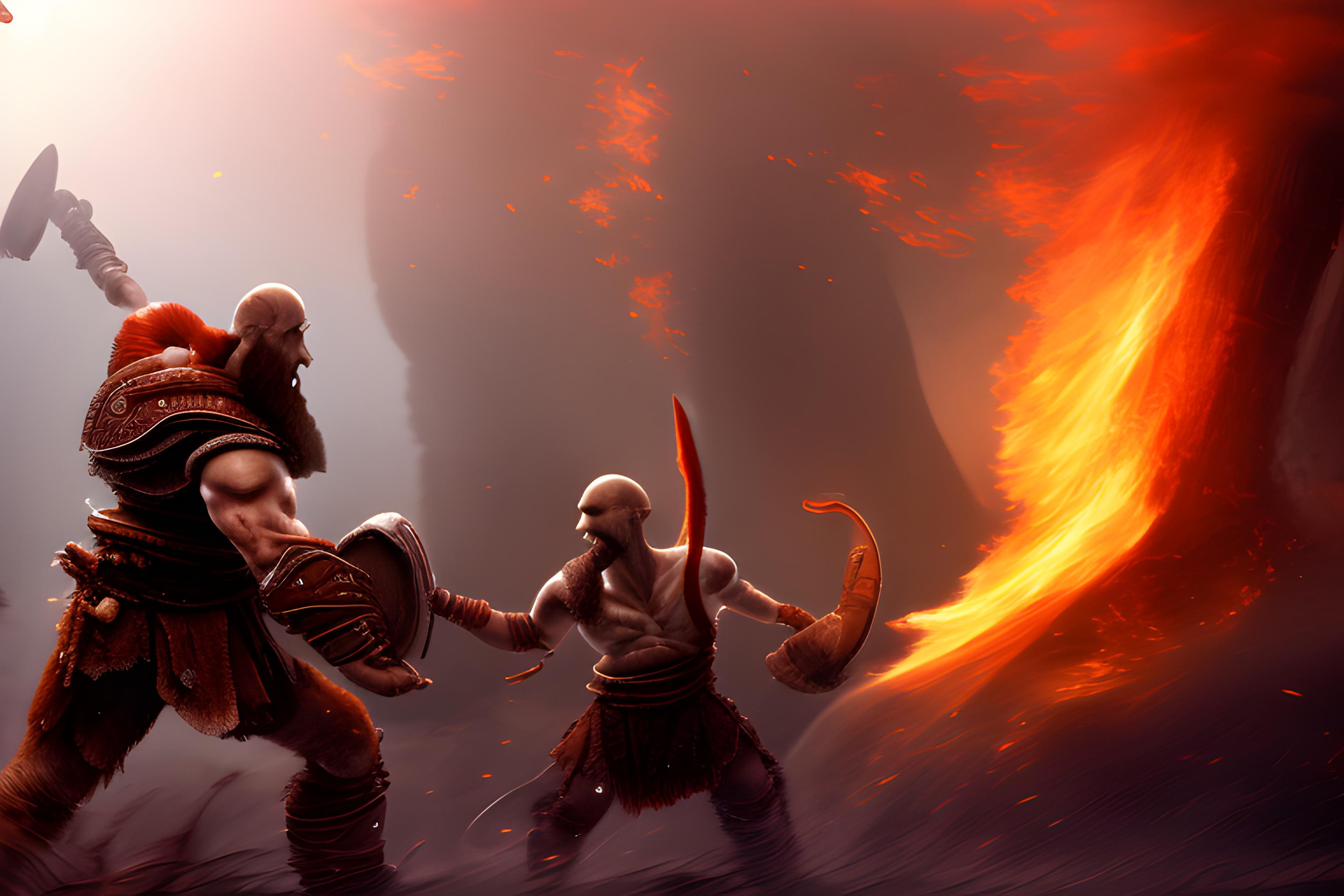 Make a moving sketch in the style of God Of War III. Show Kratos fighting an opponent in the fire. …